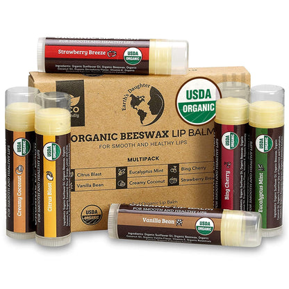 Earth's Daughter USDA Organic Lip Balm 6-Pack - Fruit Flavors, Beeswax, Coconut Oil, Vitamin E - Best Lip Repair - Maple Wellness Supplements