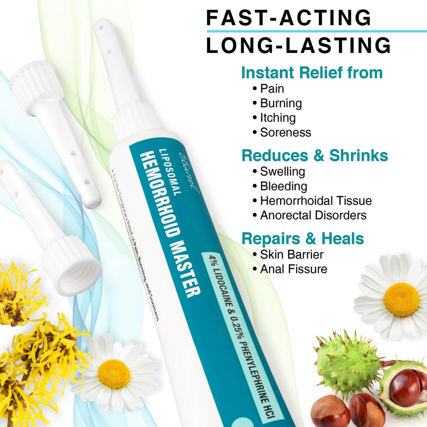Ebanel 4% Lidocaine Hemorrhoid Treatment Ointment with Phenylephrine, Witch Hazel, Vitamin B6, Zinc Oxide, Frankincense, External and Internal Hemorrhoids Treatment Burn Itch Pain Relief Anal Cream - Maple Wellness Supplements