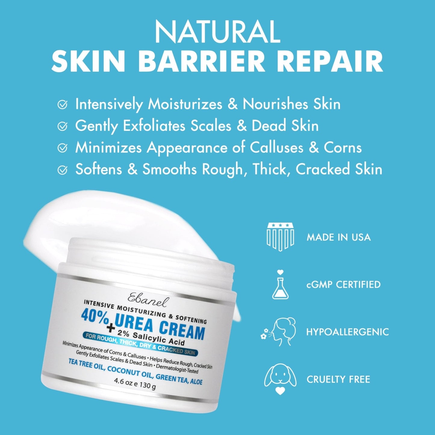 Ebanel Urea Cream 40% plus Salicylic Acid 2%, Foot Cream for Dry Cracked Heels Feet Knees Elbows Hands, Foot Dead Skin Cuticle Callus Remover Toenail Softener, Keratolytic Skin Barrier Repair, 3-Pack - Maple Wellness Supplements