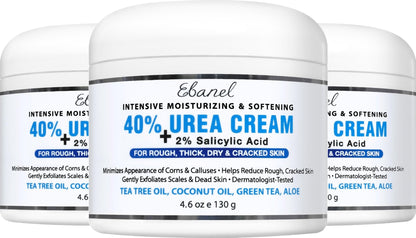 Ebanel Urea Cream 40% plus Salicylic Acid 2%, Foot Cream for Dry Cracked Heels Feet Knees Elbows Hands, Foot Dead Skin Cuticle Callus Remover Toenail Softener, Keratolytic Skin Barrier Repair, 3-Pack - Maple Wellness Supplements