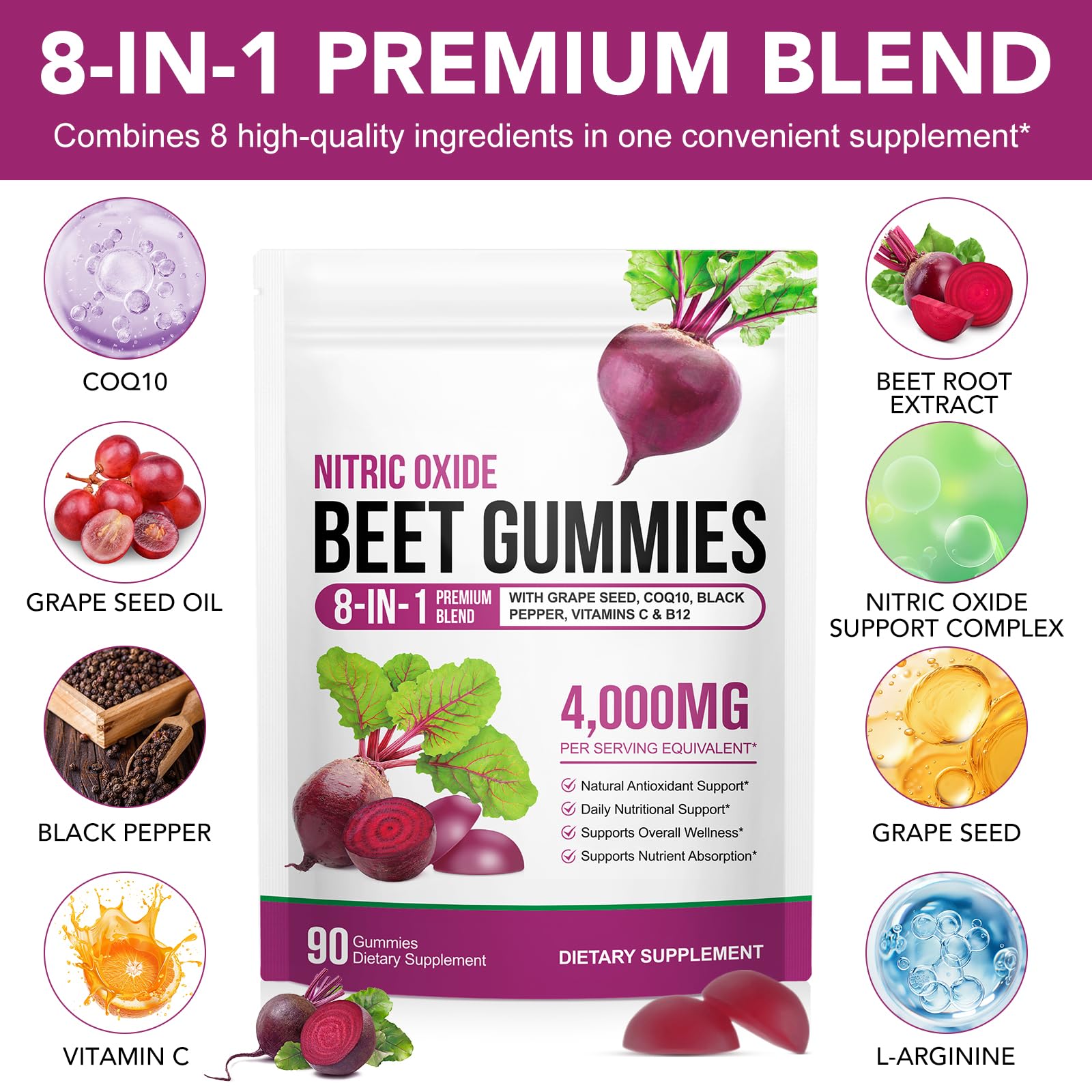 ECHTEYUN Super Beetroot Gummies, 8 in 1 Beet Root 4,000mg with Grape Seed Extract & CoQ10, Sugar Free - 90 Count (1) - Maple Wellness Supplements