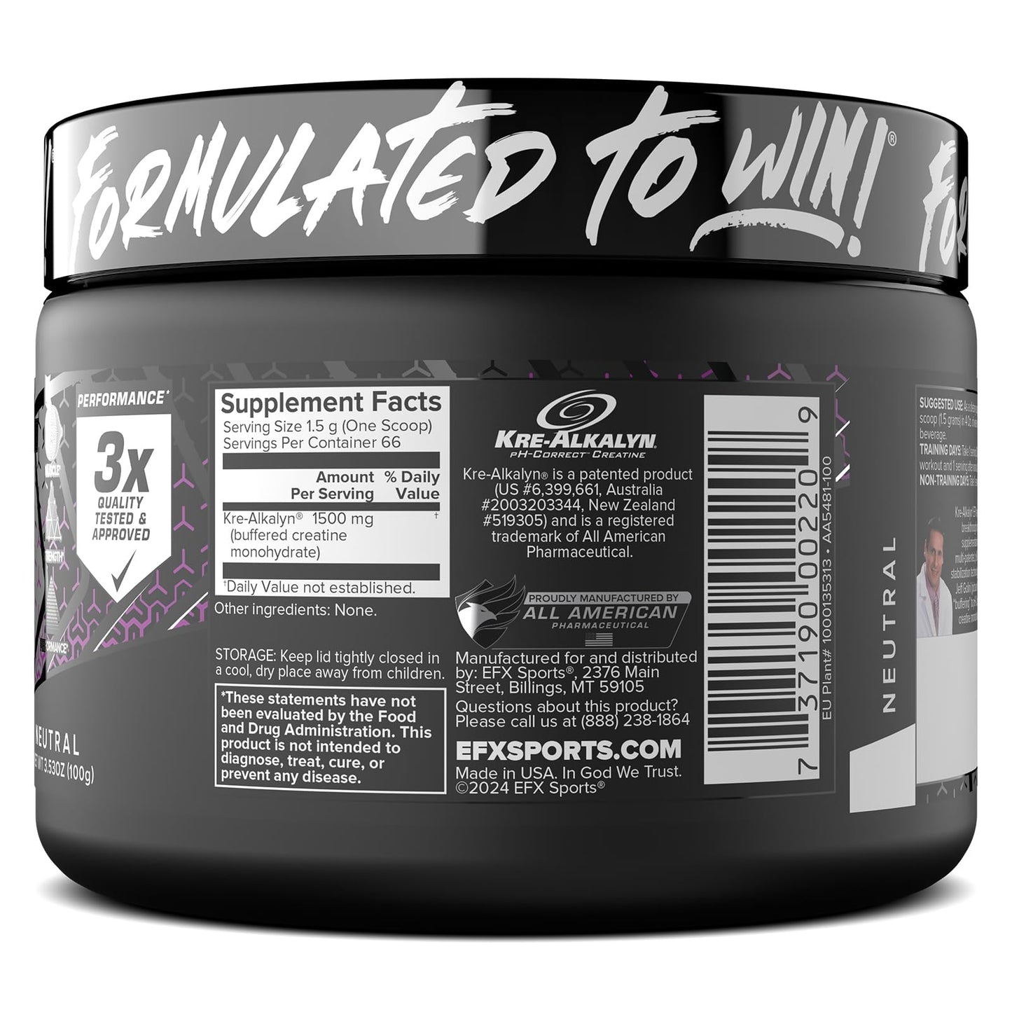EFX Sports Kre-Alkalyn EFX Powder | pH Correct Creatine Monohydrate Powder Supplement | Strength, Muscle Growth & Performance | 66 Servings (Unflavored) - Maple Wellness Supplements