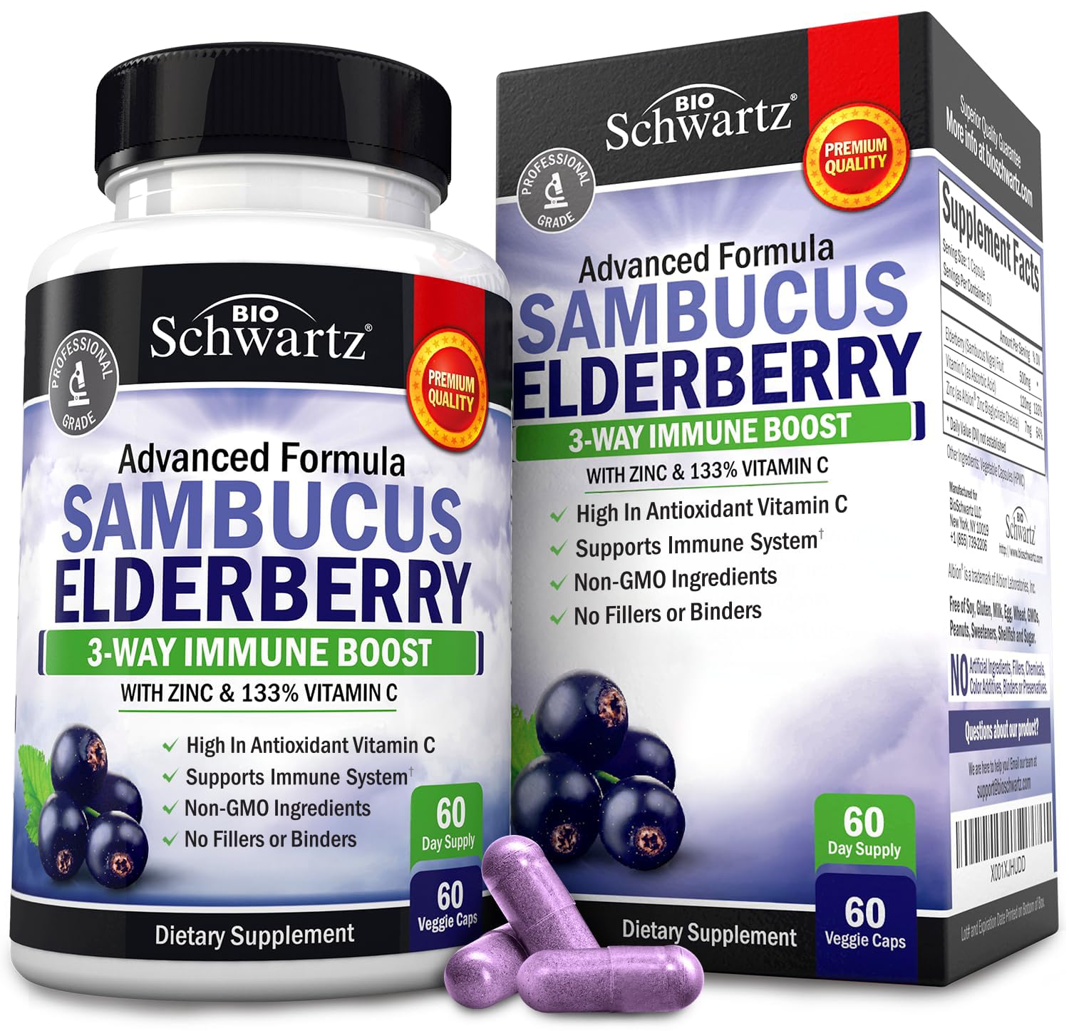Elderberry Capsules with Zinc and Vitamin C for Adults - Immune Support Vitamins for Women and Men - Black Sambucus Elderberry Vitamin C and Zinc - Maple Wellness Supplements