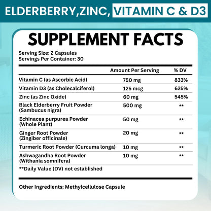 Elderberry Immune Support Supplement 8-in-1 Formula with Echinacea, Vitamin C & Zinc, Vitamin D 5000 IU, Turmeric, Ginger, Ashwagandha – 60 Capsules - Maple Wellness Supplements