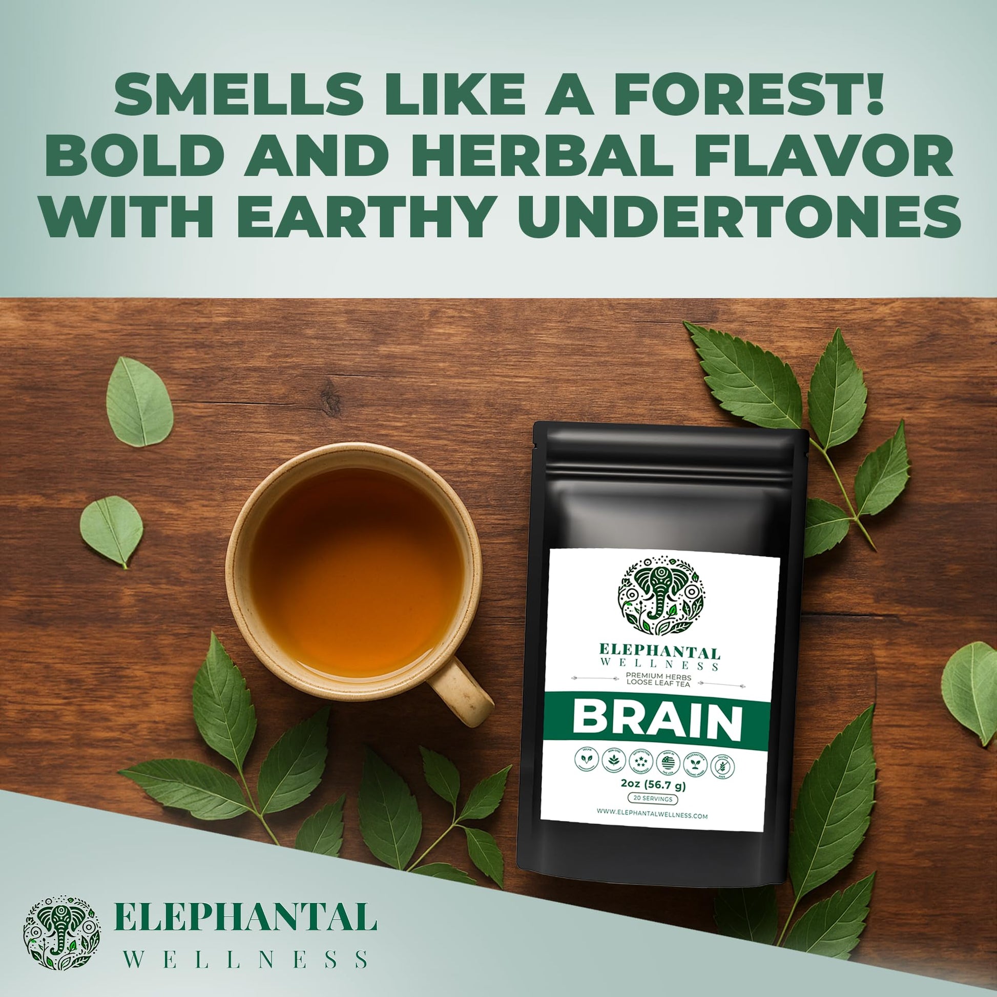 Elephantal Wellness Premium Brain Herbal Tea | Nootropic Focus & Mental Clarity with Ginkgo, Bacopa, Gotu Kola & Rosemary | Non-GMO, Caffeine-Free Coffee Alternative, Handmade Loose Leaf Blend, 2oz Loose Leaf, 20 Servings - Maple Wellness Supplements