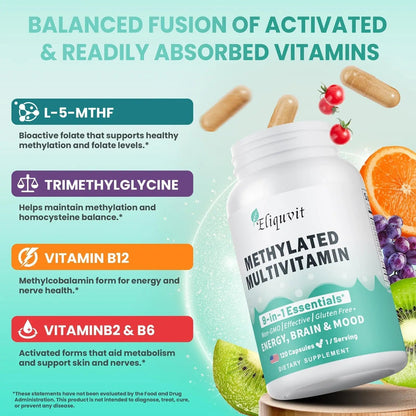 Eliquvit Methylated Multivitamin for Men & Women - Methylated B Complex with Methylfolate & B12-9-in-1 MTHFR Support + TMG - Vegan Multivitamin - Maple Wellness Supplements