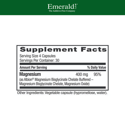 Emerald Labs Magnesium 400mg - Bone & Sleep Support with Albion Magnesium* - Vegan Friendly - 120 Vegetable Capsules (30-Day Supply) - Maple Wellness Supplements