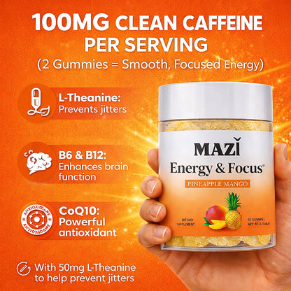 Energy & Focus Gummies | 100mg Natural Caffeine + L-Theanine + Vitamin B6 & B12 + CoQ10 | Nootropic Cognitive Brain Performance Supplement | No Crash or Jitters - Maple Wellness Supplements