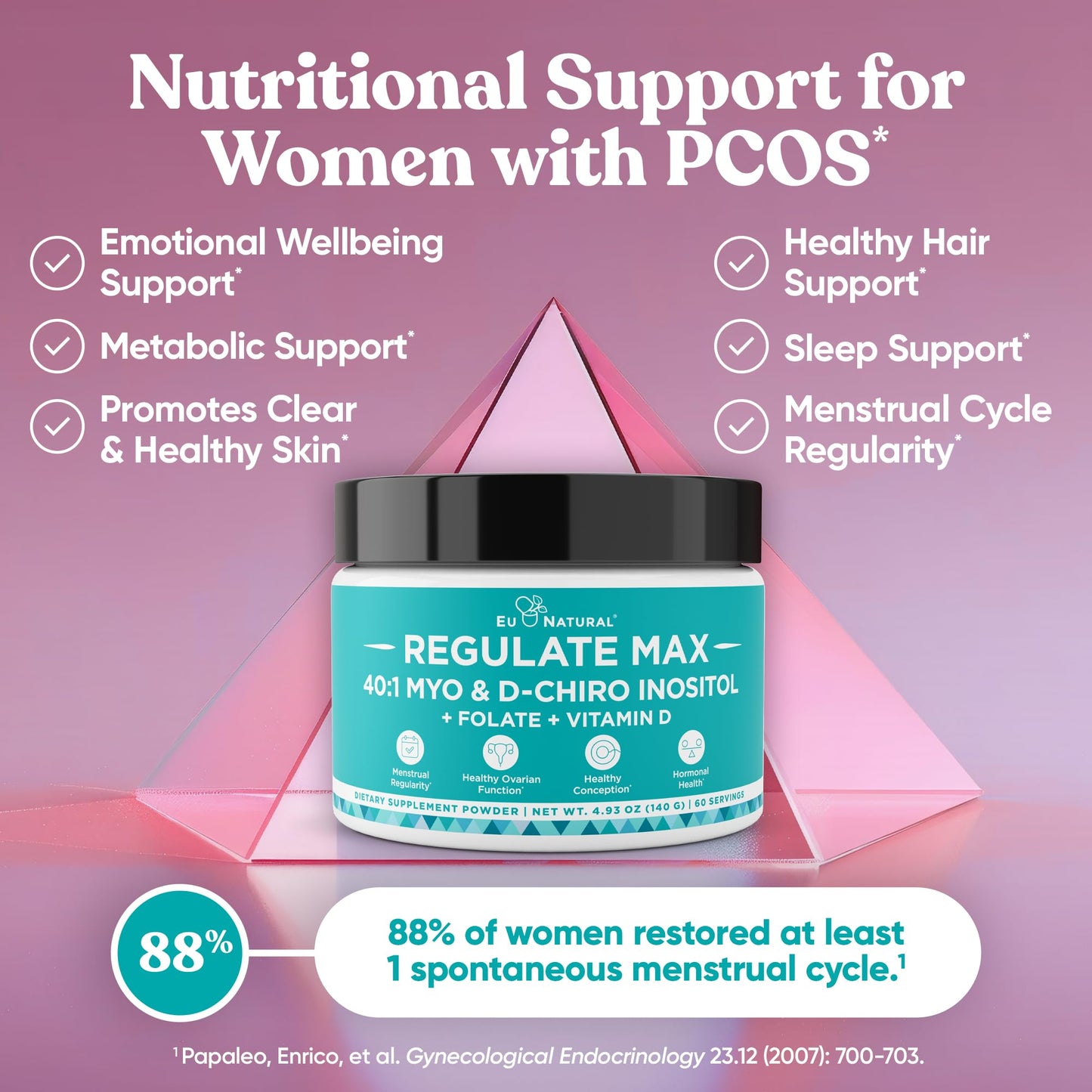 Eu Natural Regulate MAX Myo-Inositol & D-Chiro Inositol Supplement Powder for Women with Vitamin D & Folate Nutritional Support, Hormone Balance & Fertility Support, Unflavored 60 Servings - Maple Wellness Supplements