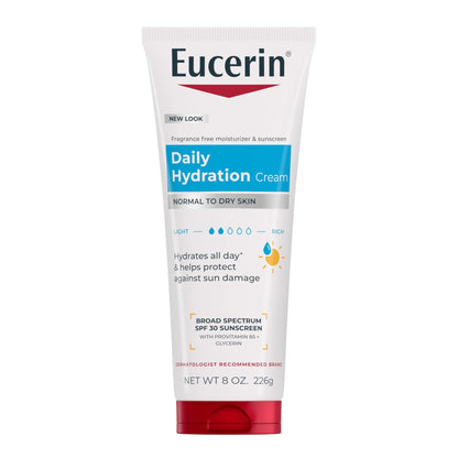 Eucerin Daily Hydration Broad Spectrum SPF 30 Sunscreen Body Cream for Dry Skin, Fragrance Free Sunscreen Moisturizer, 8 Oz Tube - Maple Wellness Supplements