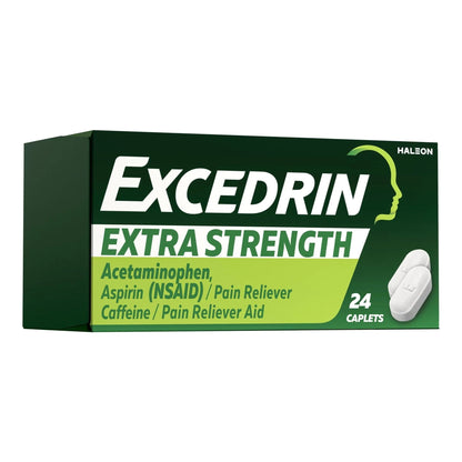 Excedrin Extra Strength Caplets for Headache Pain Relief, Acetaminophen 250mg, Aspirin 250mg, Caffeine 65mg, Pain Reliever, 24 count - Maple Wellness Supplements