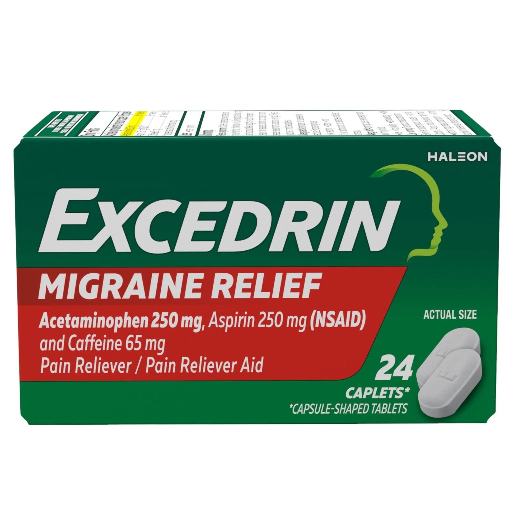 Excedrin Migraine Relief Caplets for Migraine Symptoms, Acetaminophen 250mg, Aspirin 250mg, Caffeine 65mg, Pain Reliever, 24 Count - Maple Wellness Supplements