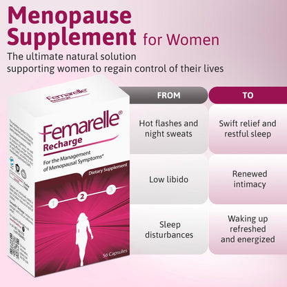 Femarelle® Recharge – Menopause Supplement for Women - Clinically Proven Menopause Relief - Hot Flashes, Night Sweats, Sleep & Libido Support Within 1st Month, Gluten-Free, GMO-Free & Hormone Free - Maple Wellness Supplements