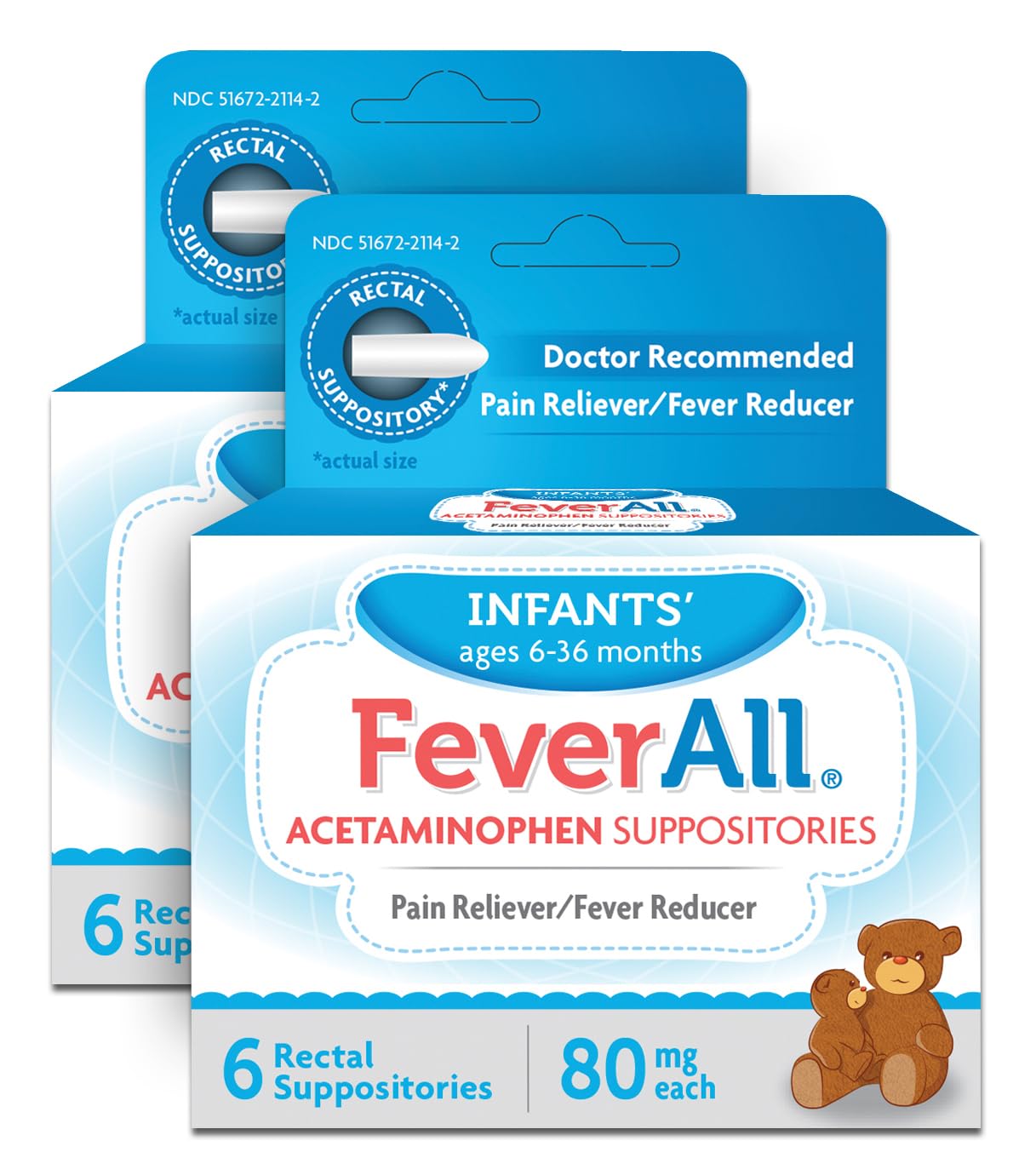 Feverall Infant Acetaminophen Suppositories 6 Rectal Suppositories 80mg Each Pain Reliever/Fever Reducer. Paraben Free, No Artificial Colors or Other preservatives. Ages 6-36 Months (Pack of 2) - Maple Wellness Supplements