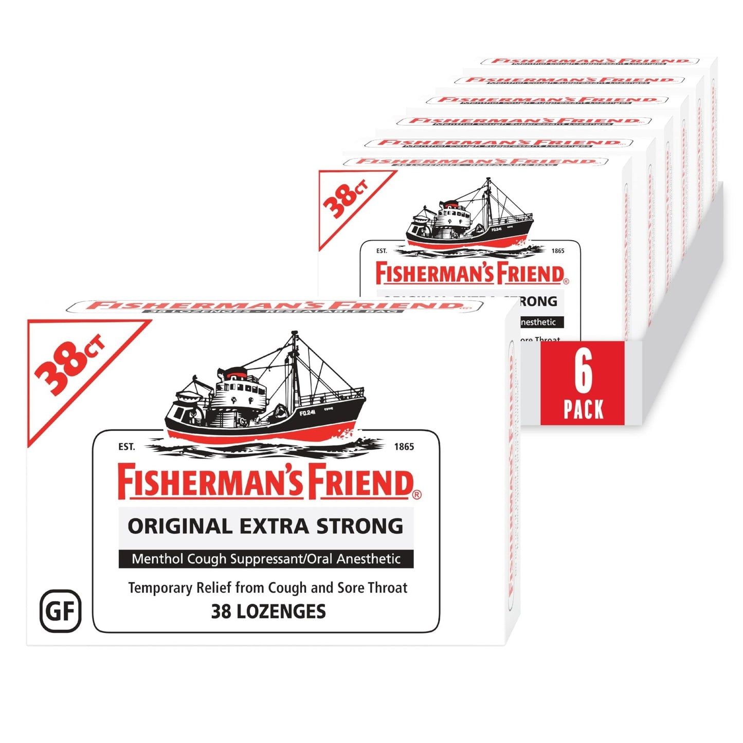 Fisherman's Friend Original Extra Strong Cough Lozenges (38 Drops x 6-Pack), 10mg Natural Menthol, Cooling Relief from Sore Throat, Persistent Cough & Everyday Irritation, Vegan & Gluten-Free - Maple Wellness Supplements