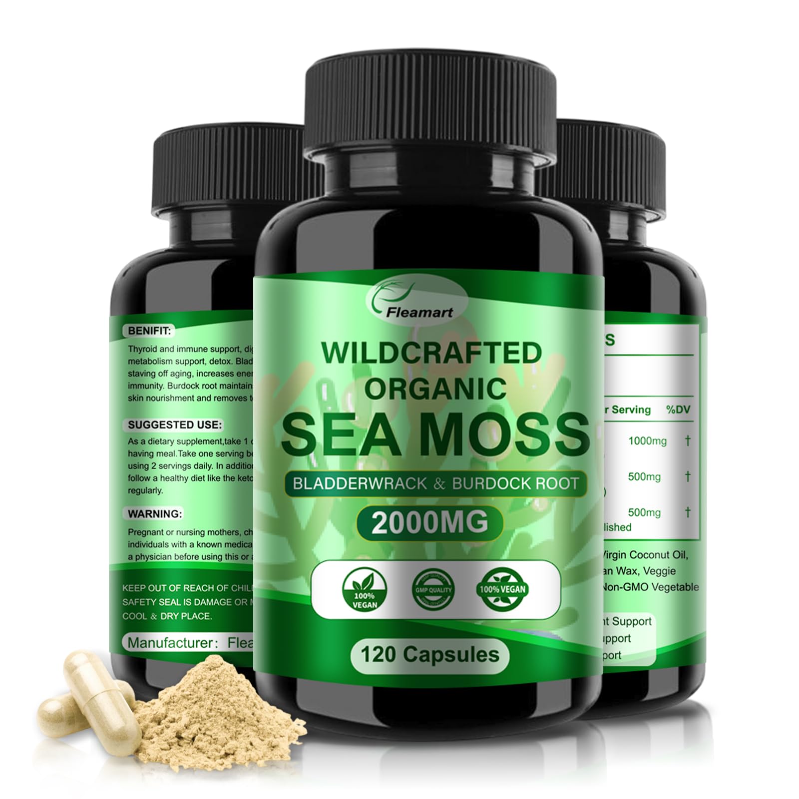 Fleamart Irish Sea Moss Capsules 120ct Raw Organic Sea Moss Wildcrafted Bladderwrack - Maple Wellness Supplements