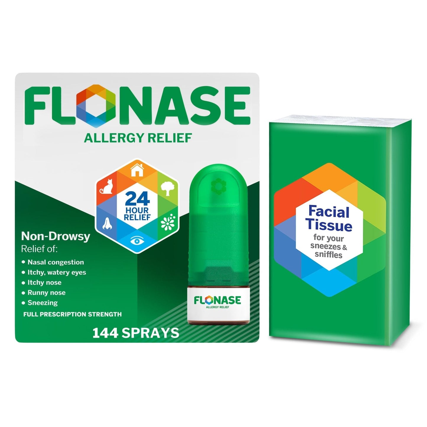 Flonase Allergy Relief Nasal Spray, 24-Hour Non-Drowsy Multi-Symptom Relief 144 Sprays, Bonus Pack of Tissues - Maple Wellness Supplements