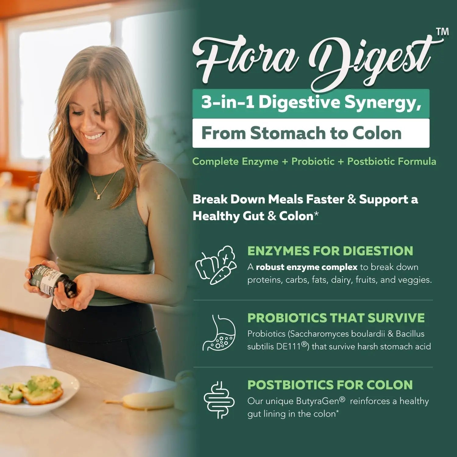 Flora Digest - 3-in-1 Max Strength Digestive Enzymes + Gut Surviving Probiotics & ButyraGen® Postbiotic for Optimal Digestion, Bloating Relief, Regularity, Gut Lining & Colon Support - (30 Capsules) - Maple Wellness Supplements