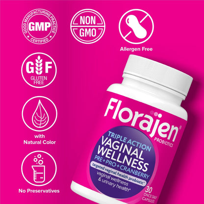 Florajen Women’s Triple-Action Probiotic, Prebiotic + Probiotic + Cranberry for Vaginal, Digestive, & Immune Support - Fast-Acting - Maple Wellness Supplements
