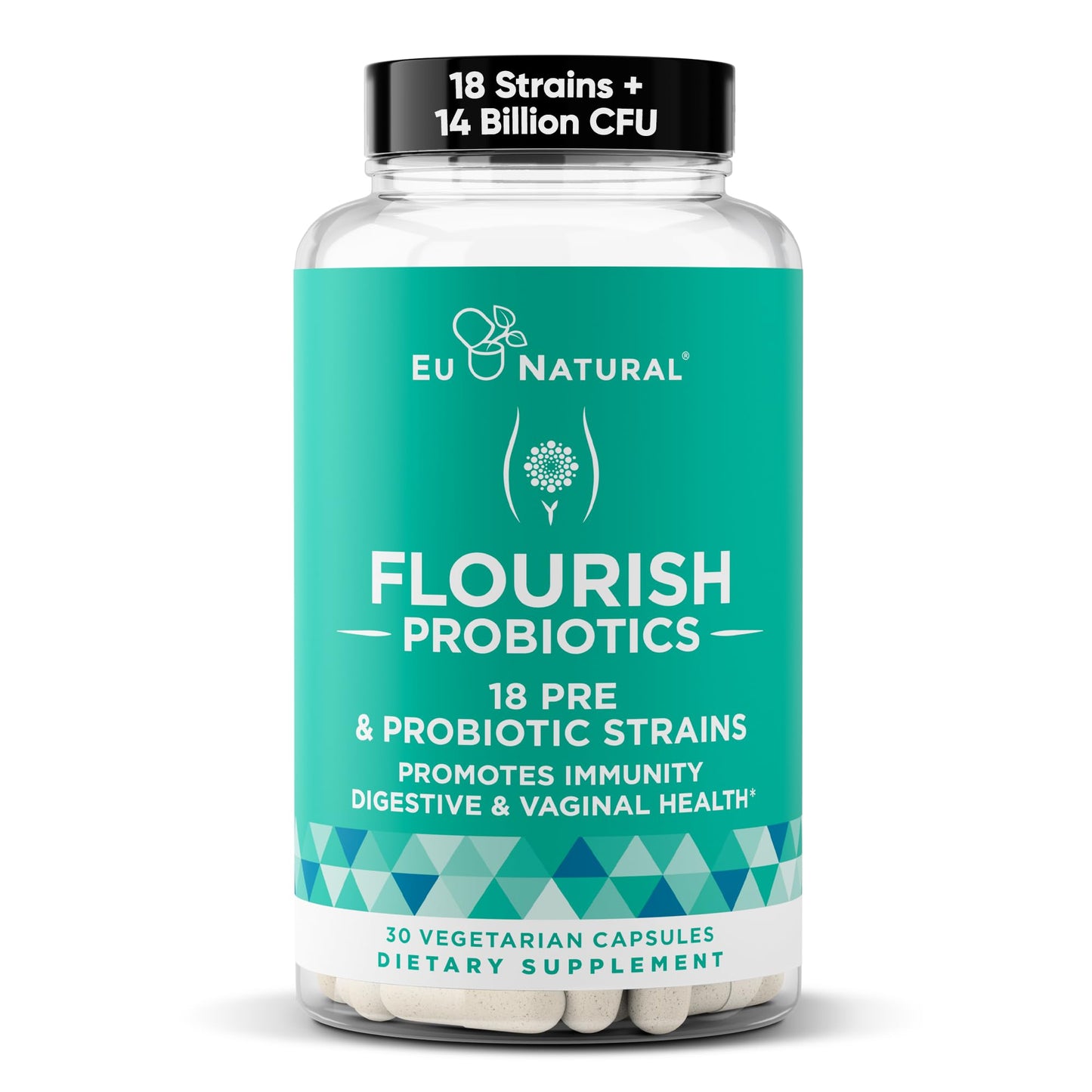 Flourish Probiotics + Prebiotics for Women - Gut and Digestion, Urinary Tract, Reduce Bloating, Vaginal Health - 18 Clinically Proven Strains, 14 Billion CFU - 30 Shelf-Stable Mini Vegan Capsules - Maple Wellness Supplements