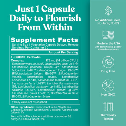 Flourish Probiotics + Prebiotics for Women - Gut and Digestion, Urinary Tract, Reduce Bloating, Vaginal Health - 18 Clinically Proven Strains, 14 Billion CFU - 30 Shelf-Stable Mini Vegan Capsules - Maple Wellness Supplements