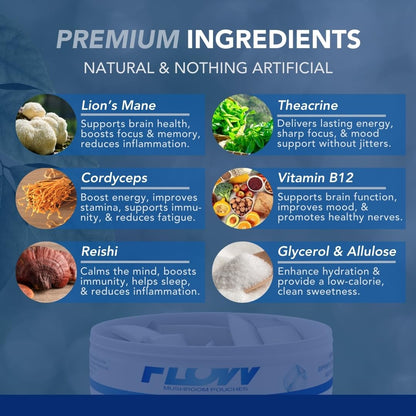 Flow Pouches Mushroom Nootropic Pouches - 600mg Organic Mushroom Energy Ultra Pouches with Lion's Mane, Reishi, Cordyceps for Focus & Clean Energy - Zero Caffeine or Sugar (5 Can Pack, Cool Mint) - Maple Wellness Supplements