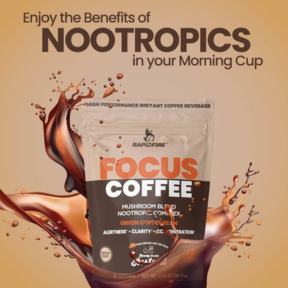 Focus Coffee Mushroom Blend, Nootropic Complex Coffee, Supports Alertness and Clarity, (Lion’s Mane, Cordyceps, Turkey Tail) Green Coffee Bean Instant Coffee for Focus & Gut Health, 30 Servings - Maple Wellness Supplements