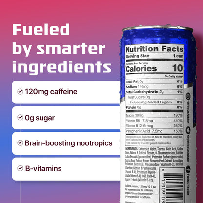 Focus Factor Energy Drink - 12 x 355ml Cans (Berry Flavour) - with Focus + Energy - Lightly Carbonated, Sugar Free, Low Calorie with Vitamin B6 & Vitamin B12 - Maple Wellness Supplements