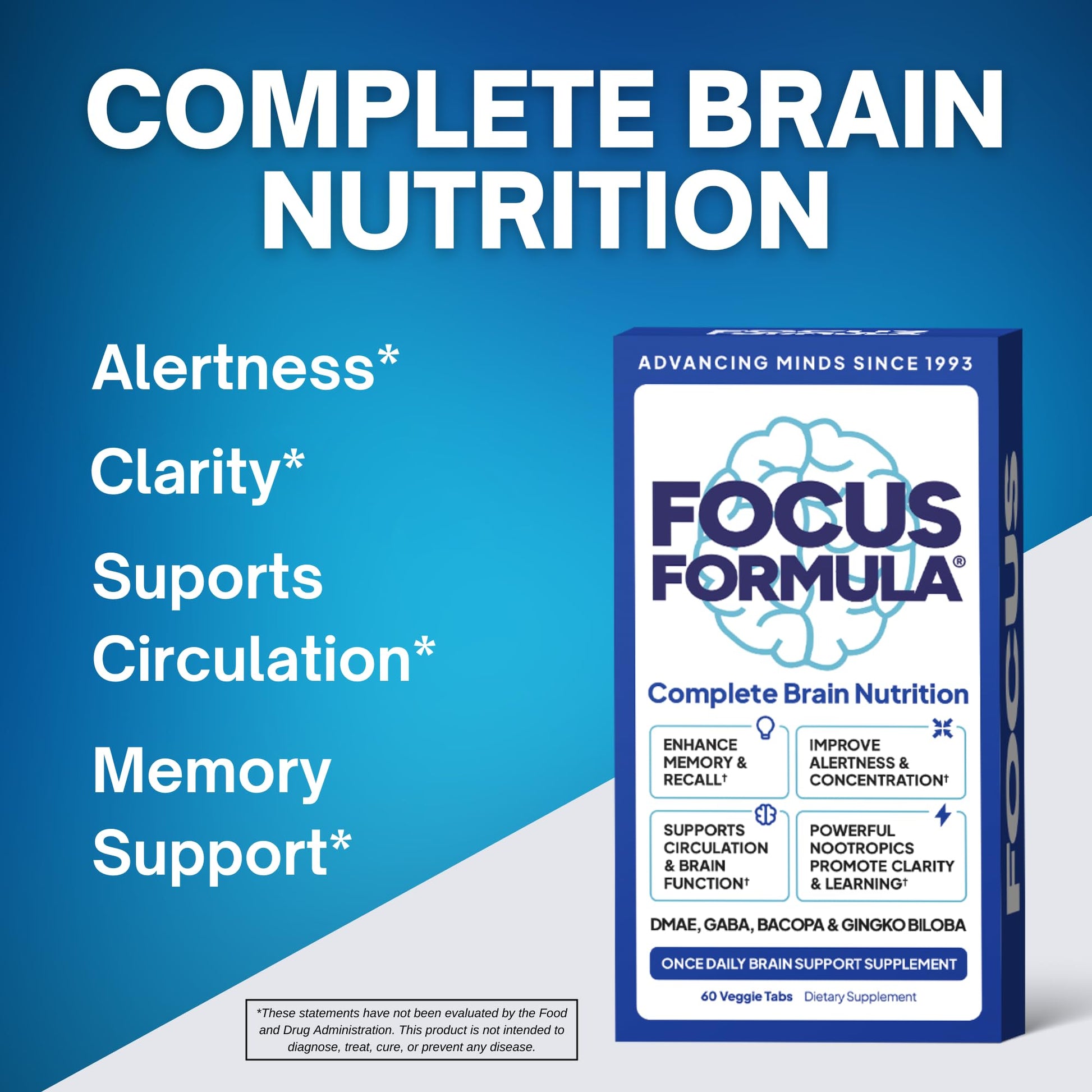 Focus Formula Nootropic Brain Supplement, Focus Capsules for Concentration, Supports Energy, Brain Booster with GABA, DMAE, and BACOPA, Memory Support Supplement, Cognitive Support, 60 Veggie Tablets - Maple Wellness Supplements