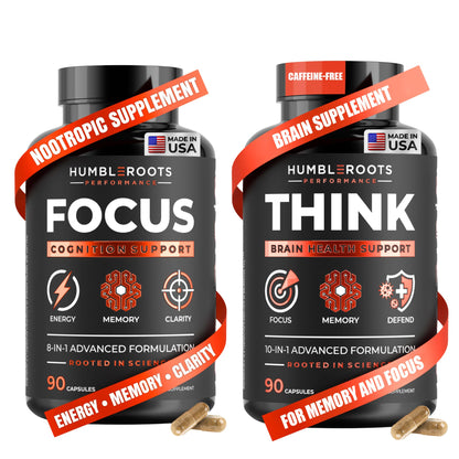FOCUS + THINK Nootropic Brain Supplement Bundle - Energy, Memory & Focus Support - Caffeine + Caffeine-Free Cognitive Stack with Lion's Mane, Bacopa, Citicoline & L-Theanine - 2 Bottles (90 + 90 Capsu - Maple Wellness Supplements