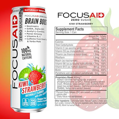 FOCUSAID ZERO SUGAR Nootropics Blend, Alpha-GPC, GABA, 100mg Natural Caffeine from Green Tea, Yerba Mate, Vitamin B-Complex, Keto-Friendly, No Artificial Sweeteners, 12 Fl Oz (Pack of 24) - Maple Wellness Supplements