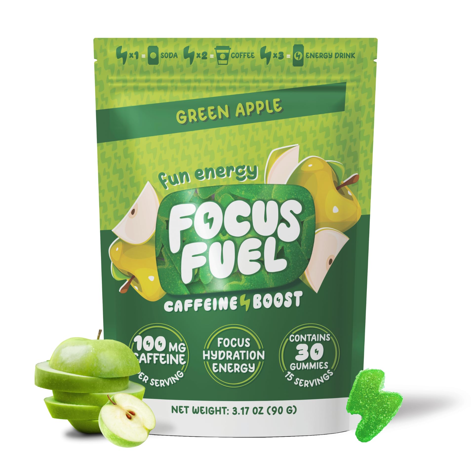 FocusFuel Energy Chews – Green Apple Flavor (15 Servings) – 100mg Caffeine + B12, Magnesium, Alpha GPC – Boost Focus & Energy – No Crash or Jitters - Maple Wellness Supplements