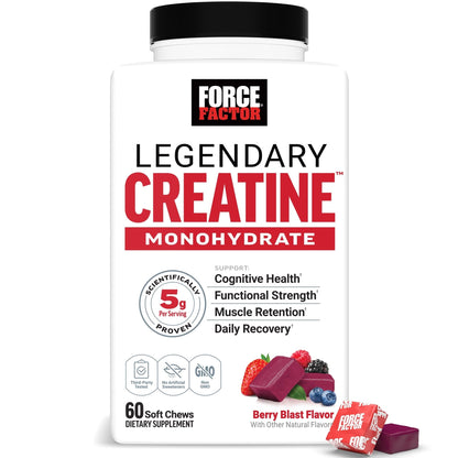 Force Factor Legendary Creatine Chews, 5g Creatine Monohydrate, Build Muscle, Improve Strength & Recovery, Support Memory & Cognitive Function, Sugar Free, Berry Blast, 60 Soft Chews - Maple Wellness Supplements