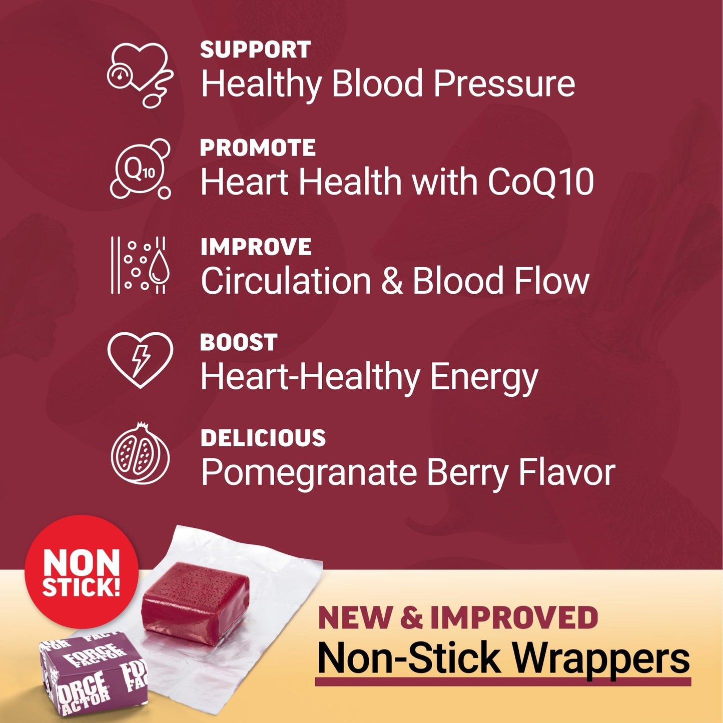 Force Factor Total Beets Ultimate Heart Health Chews for Blood Pressure Support, with Beetroot Powder, CoQ10, B Vitamins & Grapeseed Extract for Blood Flow - Maple Wellness Supplements