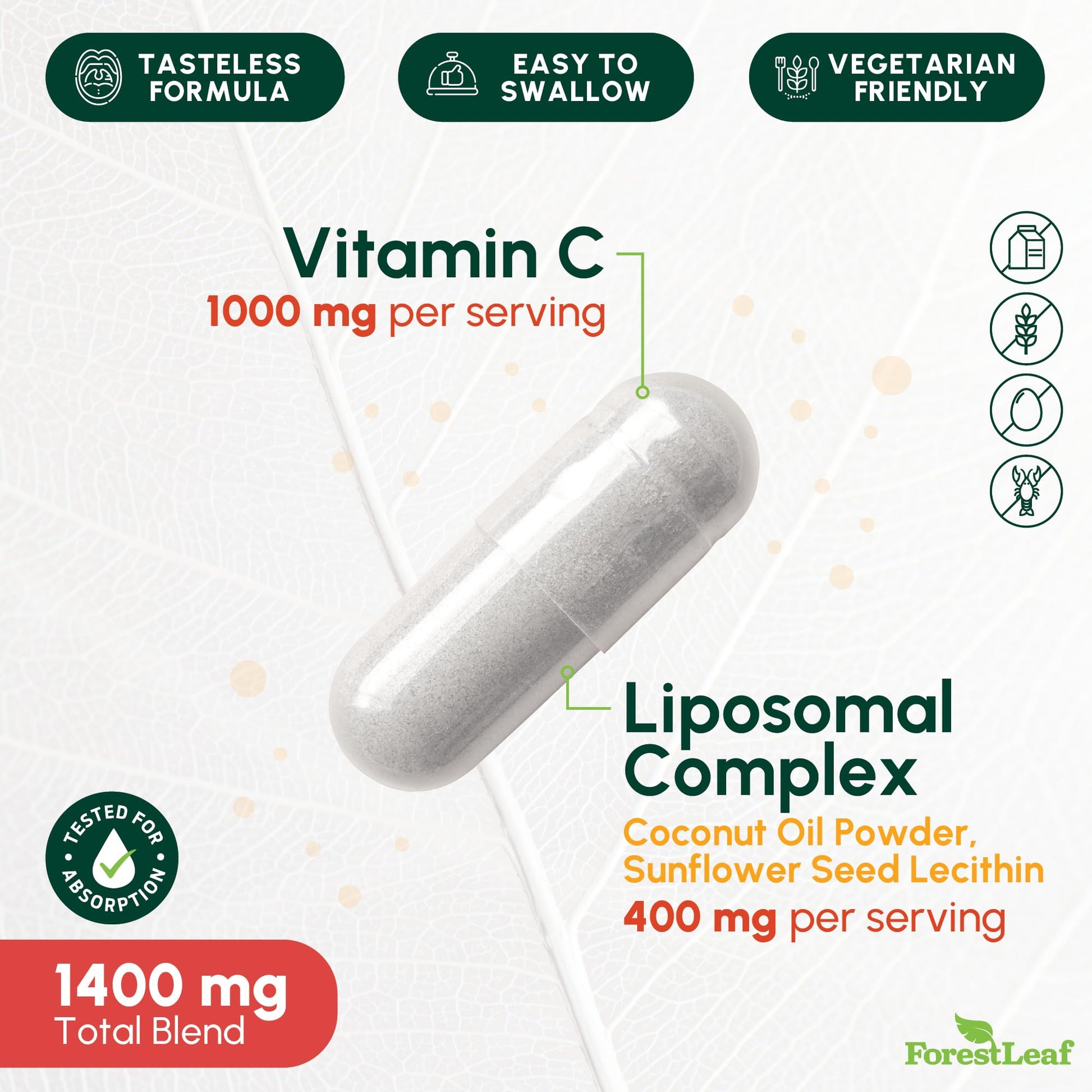 ForestLeaf Liposomal Vitamin C 1400mg Capsules | High Dose Vitamin C Liposomal Supplement w Coconut Oil Fatty Acids | Fast Absorption | Immune Support, - Maple Wellness Supplements