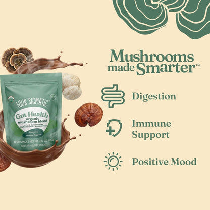Four Sigmatic Gut Health Mushroom Blend | Organic Mushroom Powder Complex with Turkey Tail, Lion’s Mane, Cordyceps, Chaga, Probiotics and More - Maple Wellness Supplements