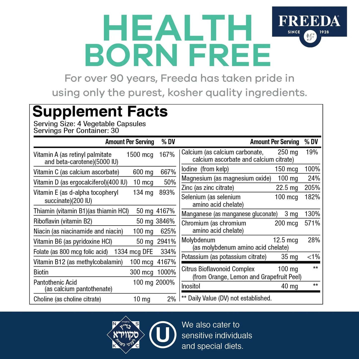 FREEDA Ultra Multivitamin Capsules – High-Potency Daily Supplement for Men & Women – Iron-Free – 120 Count – Kosher Certified - Maple Wellness Supplements