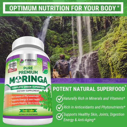 FRESH HEALTHCARE Moringa Capsules – 100% Pure Leaf Powder - 180 Pills, Non-GMO - 3 Month Supply - Complete Green Superfood for Energy - Maple Wellness Supplements