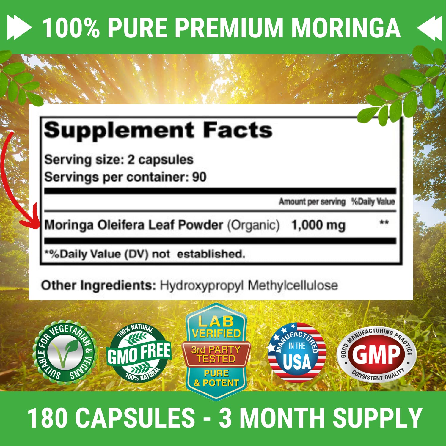 FRESH HEALTHCARE Moringa Capsules – 100% Pure Leaf Powder - 180 Pills, Non-GMO - 3 Month Supply - Complete Green Superfood for Energy - Maple Wellness Supplements