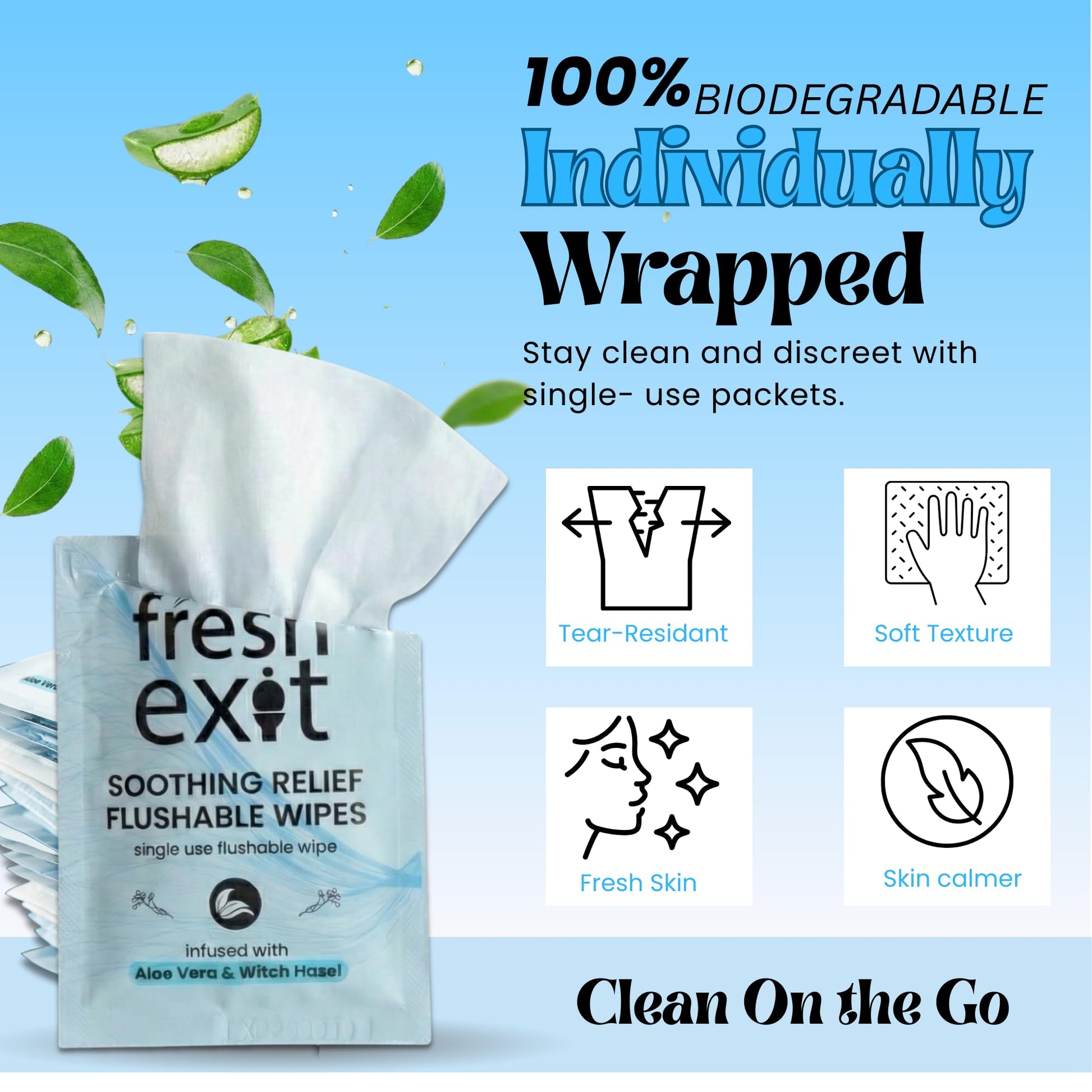 FreshExit Flushable Hemorrhoid Wipes – 36 Count – Individually Wrapped with Witch Hazel & Aloe Vera, Large Discreet Travel Wipes for Adults, Soothing & Gentle on Skin - Maple Wellness Supplements