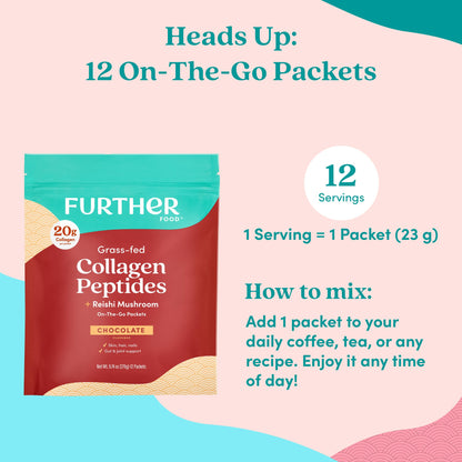 Further Food Chocolate Collagen Peptides Powder with Reishi Mushroom - 100% Grass-Fed, Hydrolyzed Type 1 & 3, 20g of Collagen per Serving, Supports Skin, Hair, Nails & Joints, Stick Packs, 9.74 Oz - Maple Wellness Supplements