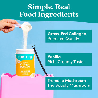 Further Food Vanilla Collagen Peptides Powder with Tremella Mushroom – 100% Grass-Fed, Hydrolyzed Type 1 & 3, 20g of Collagen per Serving, Supports Skin, Hair, Nails & Joints, 22.22 Oz - Maple Wellness Supplements