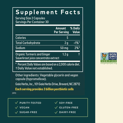 Gaia Herbs Ginger-Turmeric Postbiotic - Healthy Gut Support* - 60 Vegan Liquid Phyto-Caps (30 Servings) - Maple Wellness Supplements
