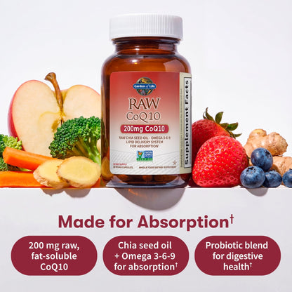 Garden of Life CoQ10 200mg, Vegetarian Omega 3 6 9 Supplement Raw Co Q 10 Chia Seed Oil, Whole Food Nutrition with Antioxidant Support - Maple Wellness Supplements