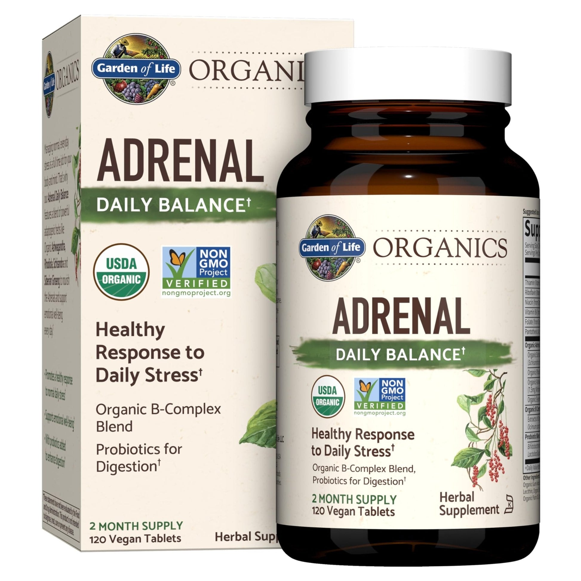 Garden of Life Organics Adrenal Daily Balance, Adaptogenic Herbs Ashwagandha, Holy Basil, B Complex & Probiotics, Organic Non-GMO, Vegan, Gluten Free Supplement, Two Month Supply, 120 Tablets - Maple Wellness Supplements