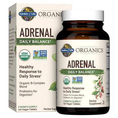 Garden of Life Organics Adrenal Daily Balance, Adaptogenic Herbs Ashwagandha, Holy Basil, B Complex & Probiotics, Organic Non-GMO, Vegan, Gluten Free Supplement, Two Month Supply, 120 Tablets - Maple Wellness Supplements