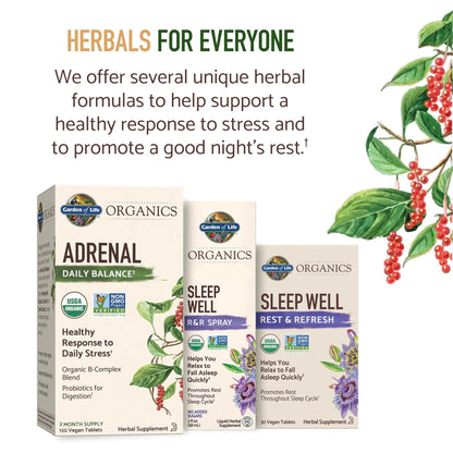 Garden of Life Organics Adrenal Daily Balance, Adaptogenic Herbs Ashwagandha, Holy Basil, B Complex & Probiotics, Organic Non-GMO, Vegan, Gluten Free Supplement, Two Month Supply, 120 Tablets - Maple Wellness Supplements