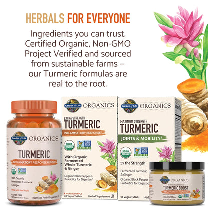 Garden of Life Organics Extra Strength Turmeric Inflammatory Response 120 Tablets-100Mg Curcumin (95% Curcuminoids) Black Pepper, Probiotics, Organic Non-GMO Vegan Gluten Free Herbal Supplement - Maple Wellness Supplements