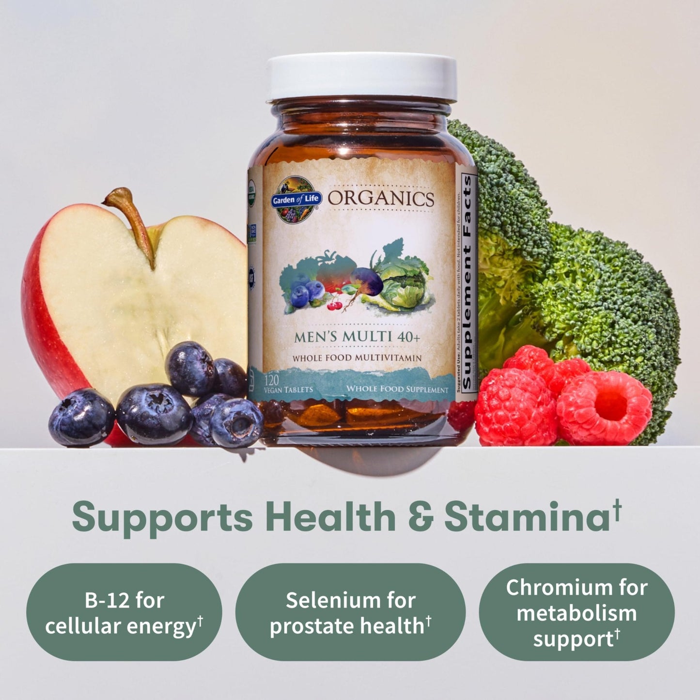 Garden of Life Organics Men's 40+ Multivitamin with Prostate Support, B12 & Vitamins – Vegan Daily Whole Food Multivitamin, Non-GMO, Certified Organic, 120 Tablets - Maple Wellness Supplements