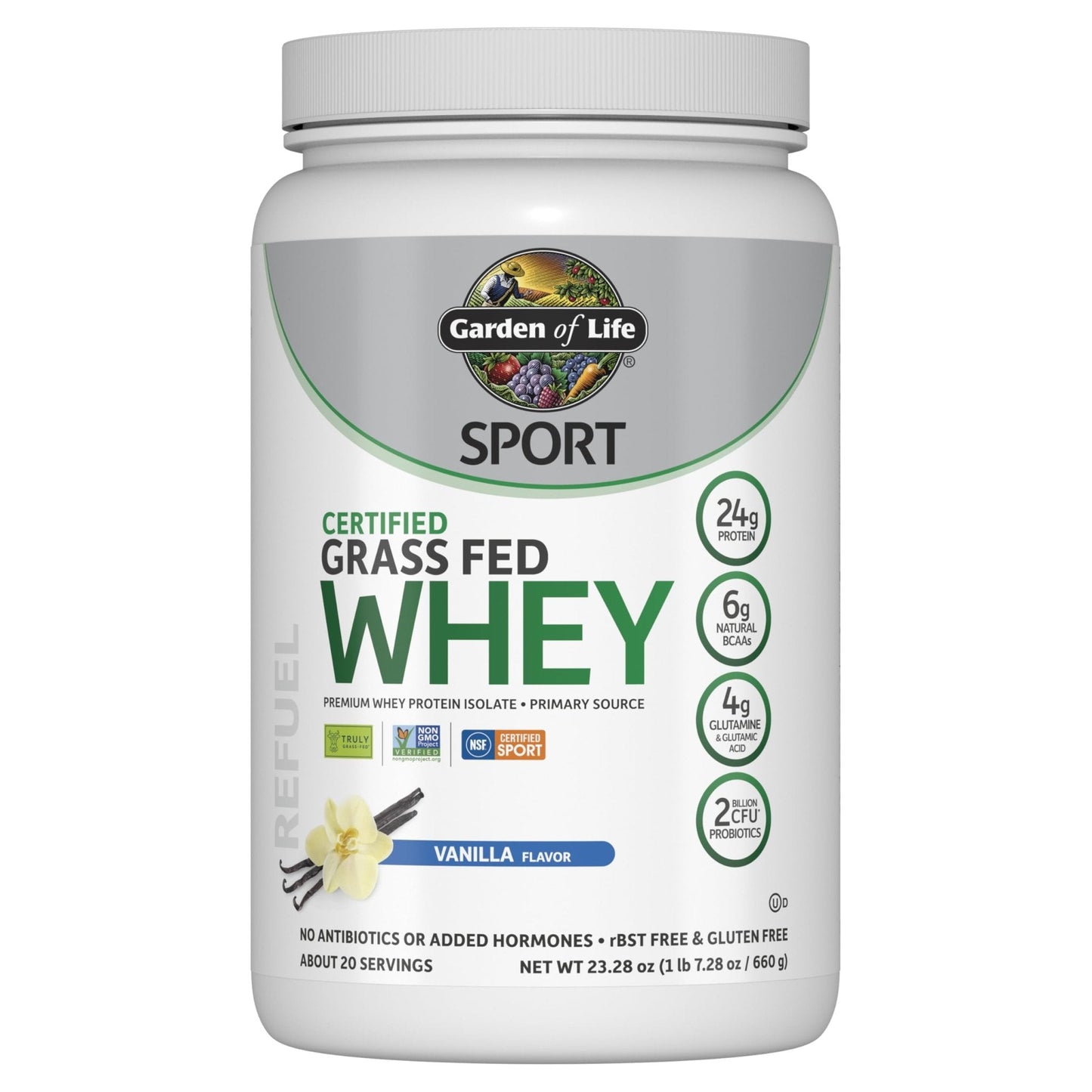 Garden of Life Sport Grass Fed Whey Protein Powder – 24g Whey Protein Isolate for Women & Men with Probiotics & Glutamine, Non-GMO, Gluten-Free, Cold-Processed, Vanilla Flavor, 20 Servings - Maple Wellness Supplements